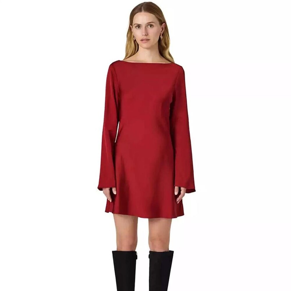 French Connection Long Bell Sleeve Red Satin Minidress Size 0